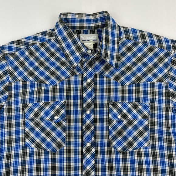 Wrangle Wrancher Shirt Men L Western Pearl Snap Blue Black Check Plaid Ranchwear - Picture 1 of 8